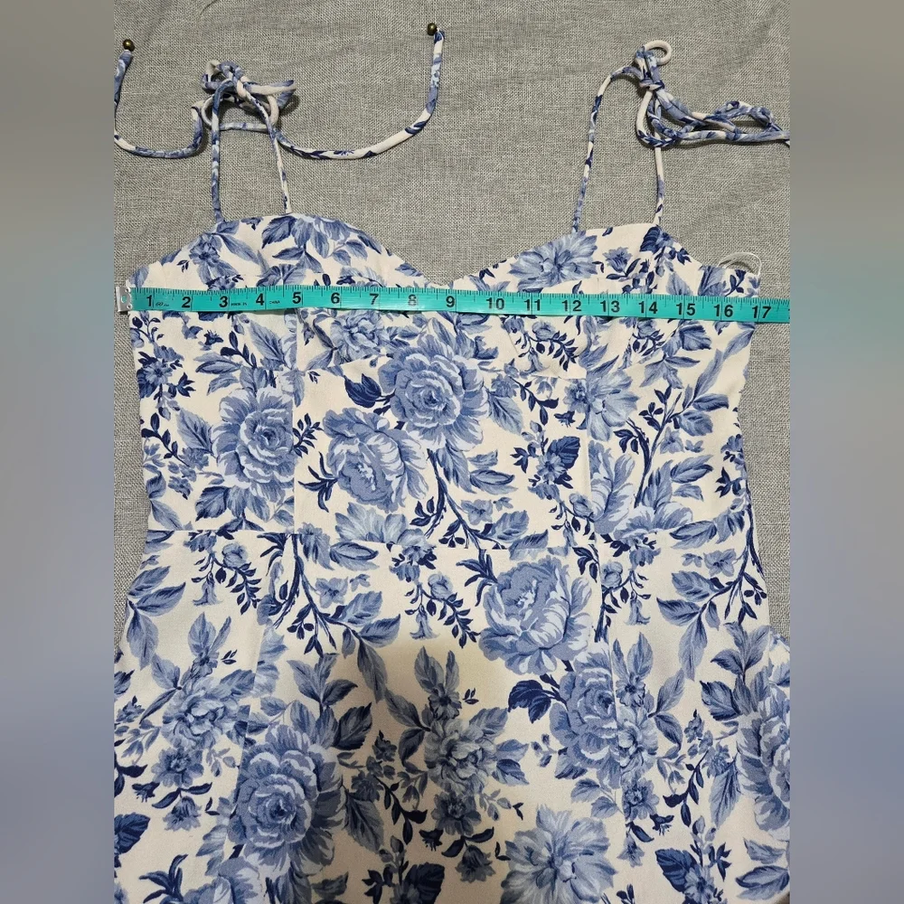 ​Petal & Pup Blue Floral Tie Strap Midi Dress Smocked Back Front Side Slit - Picture 10 of 16